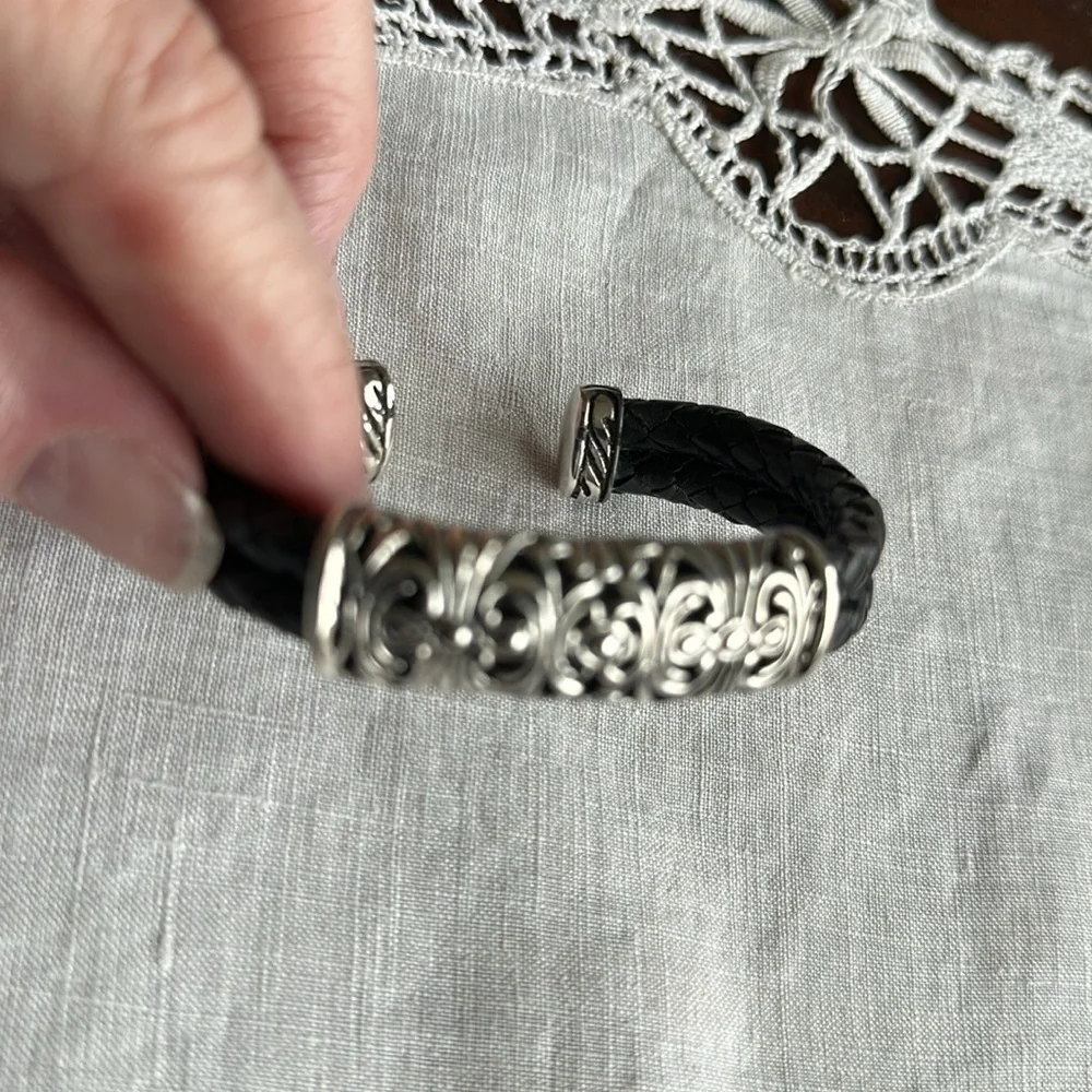 Vintage Sterling silver w/ leather cuff bracelet Joseph Esposito - Picture 2 of 7
